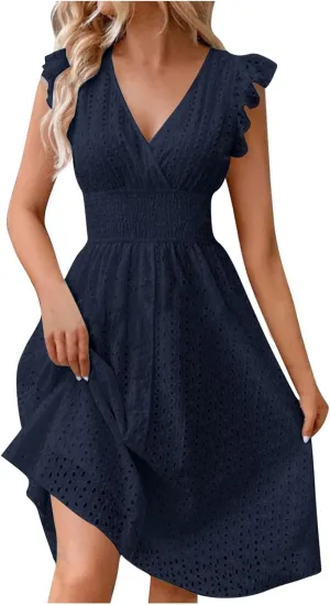 2025 Summer Dresses Women's Eyelet Lace Embroidered Smocked Waist Flutter Sleeve A Line Midi Dress Beach Sundress