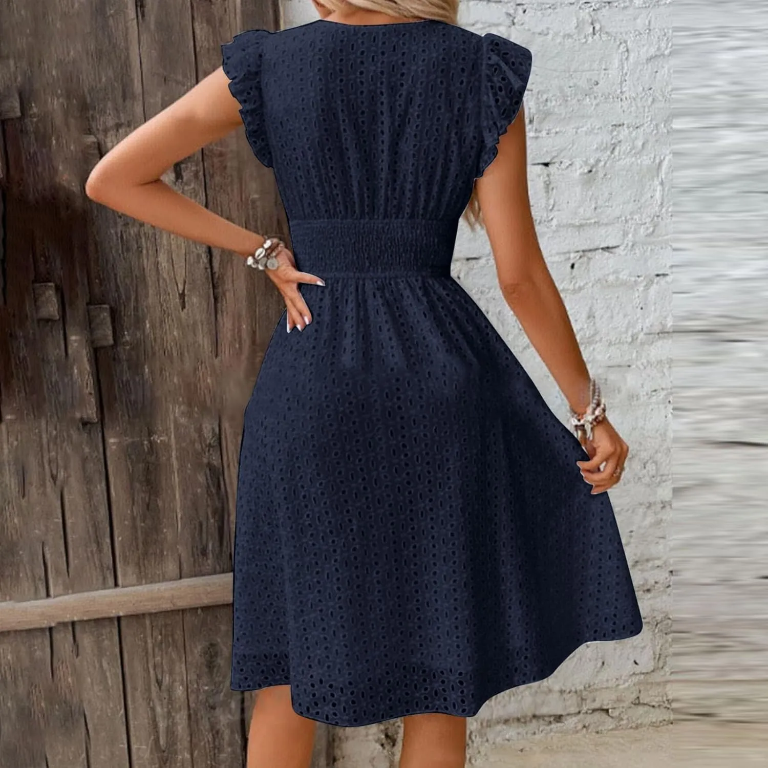 2025 Summer Dresses Women's Eyelet Lace Embroidered Smocked Waist Flutter Sleeve A Line Midi Dress Beach Sundress