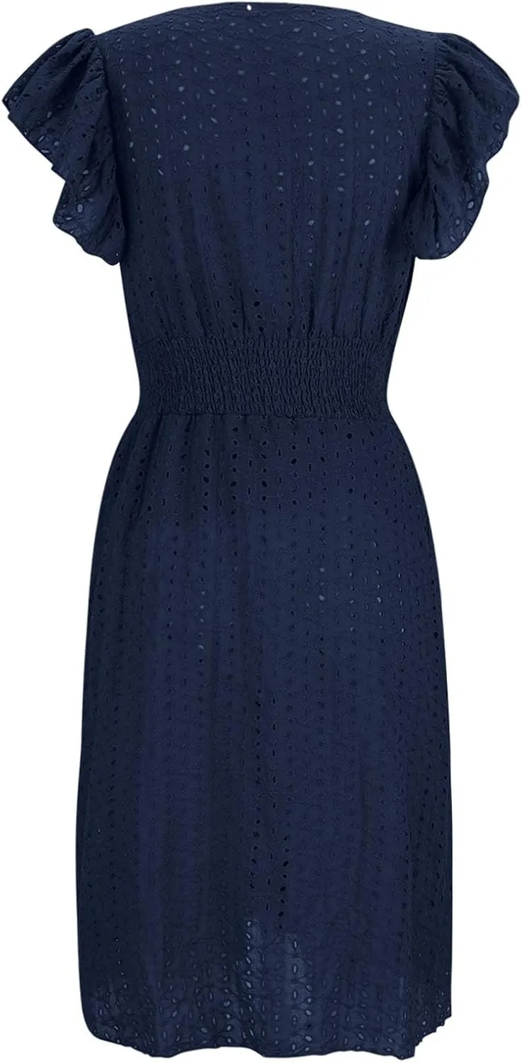 2025 Summer Dresses Women's Eyelet Lace Embroidered Smocked Waist Flutter Sleeve A Line Midi Dress Beach Sundress