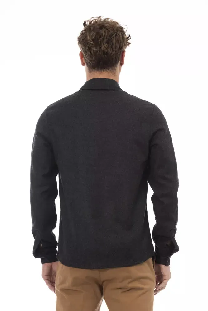 Alpha Studio Chic Gray Flannel Button-Up Shirt with Front Pocket