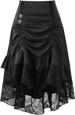 Aniywn Women's Lace Steampunk Gothic Long Maxi Skirt Victorian Ruffles Asymmetrical High-Low Skirt Dress for Party