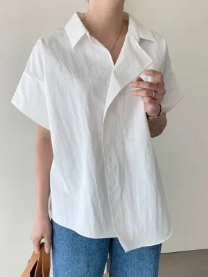 Asymmetric Solid Color Split-Joint Loose Short Sleeves Lapel Blouses&Shirts Tops