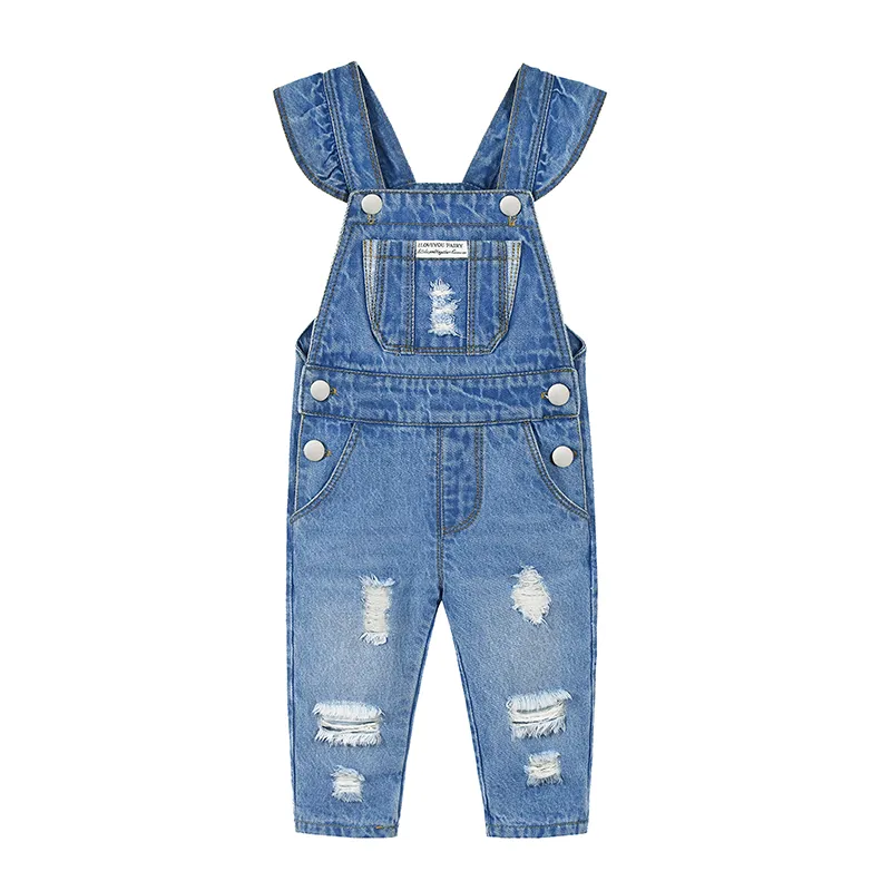 Baby Big Front Pocket Ripped Ruffled Jeans Overalls