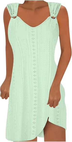 Beach Dresses for Women 2025 Summer Eyelet Embroidery Coverup Sundress Casual O-Ring Sleeveless V Neck Mini Dress