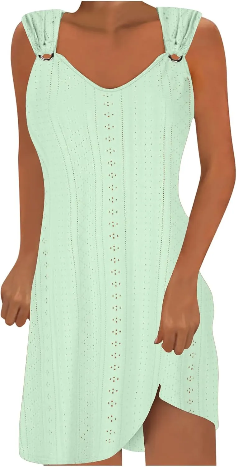Beach Dresses for Women 2025 Summer Eyelet Embroidery Coverup Sundress Casual O-Ring Sleeveless V Neck Mini Dress