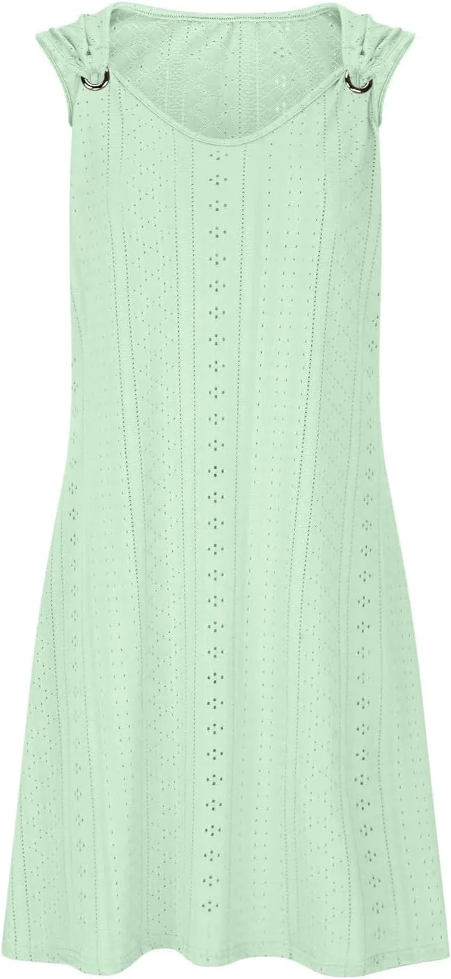 Beach Dresses for Women 2025 Summer Eyelet Embroidery Coverup Sundress Casual O-Ring Sleeveless V Neck Mini Dress