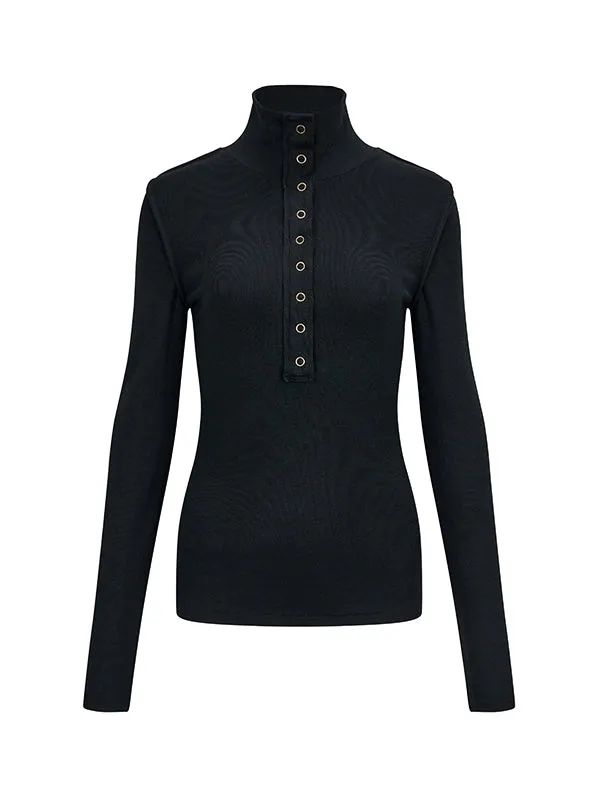 Bottle-Neck Ring-Button Simple Monotone Knit