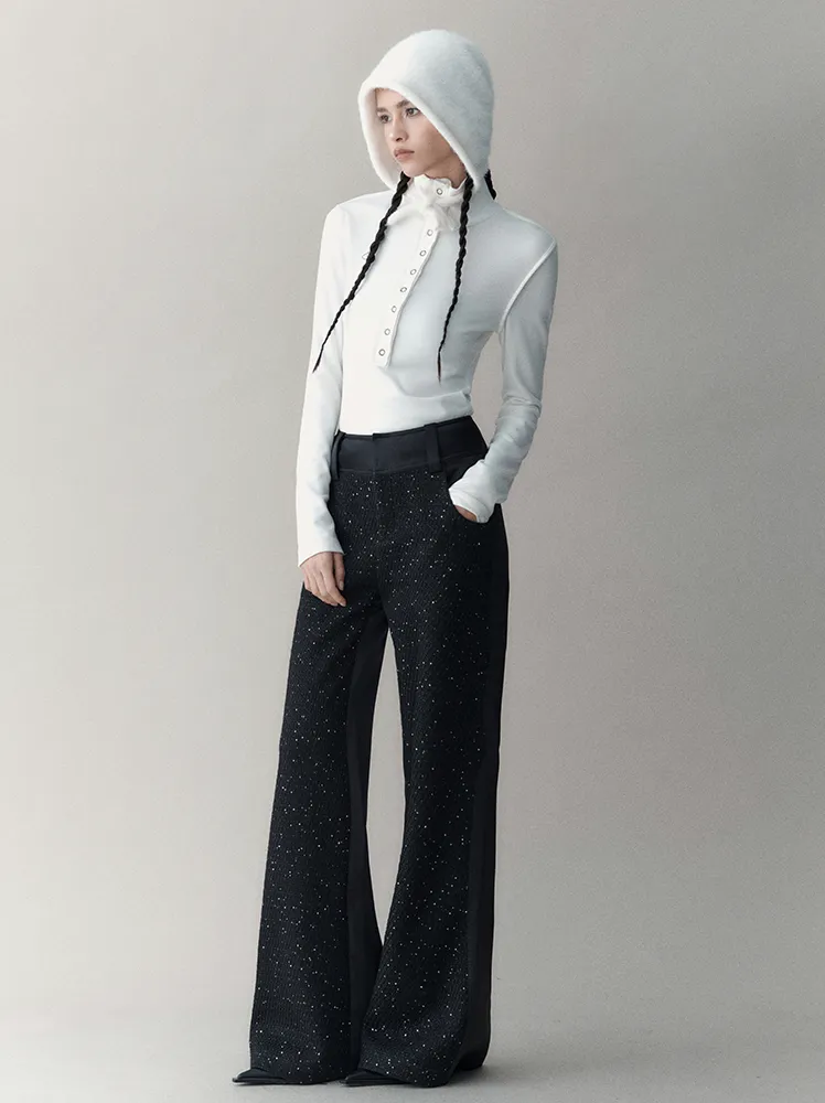 Bottle-Neck Ring-Button Simple Monotone Knit
