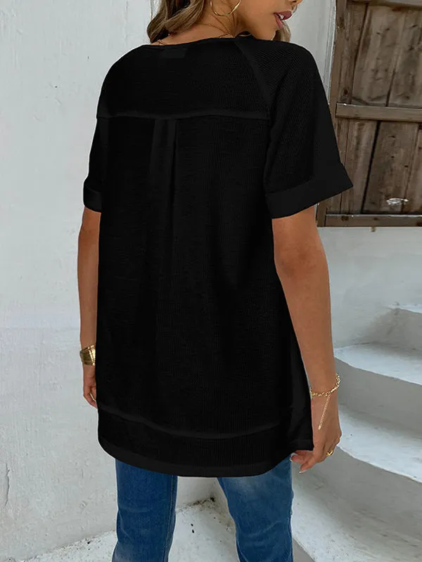 Buttoned Solid Color Split-Joint Loose Short Sleeves V-Neck T-Shirts Tops