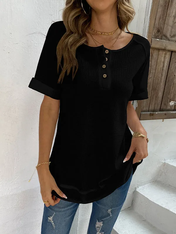 Buttoned Solid Color Split-Joint Loose Short Sleeves V-Neck T-Shirts Tops