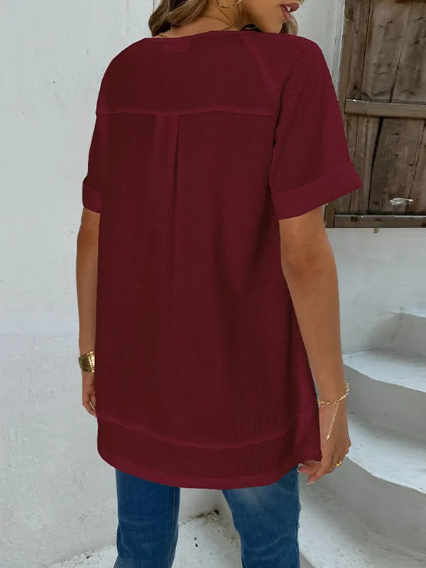 Buttoned Solid Color Split-Joint Loose Short Sleeves V-Neck T-Shirts Tops