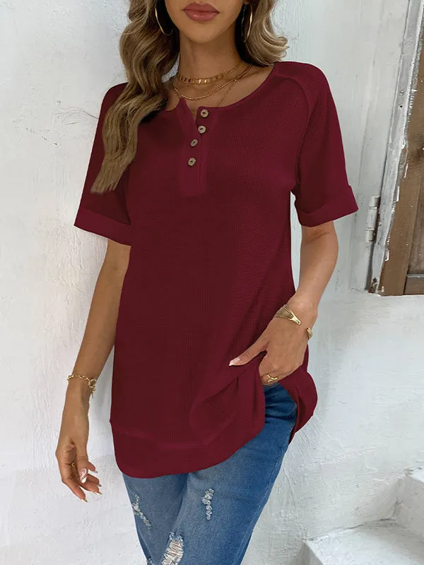 Buttoned Solid Color Split-Joint Loose Short Sleeves V-Neck T-Shirts Tops