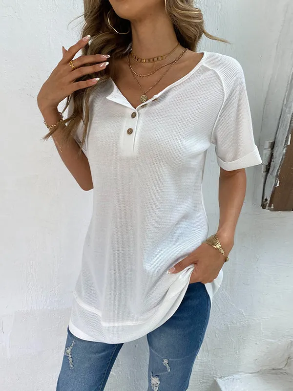 Buttoned Solid Color Split-Joint Loose Short Sleeves V-Neck T-Shirts Tops