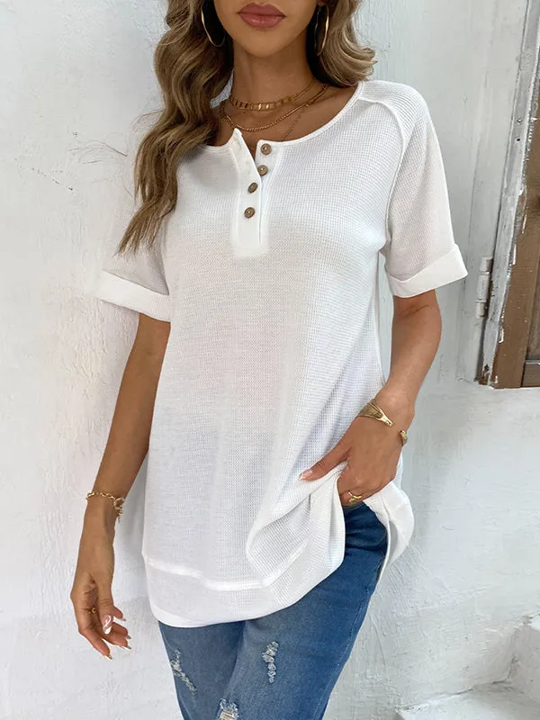 Buttoned Solid Color Split-Joint Loose Short Sleeves V-Neck T-Shirts Tops