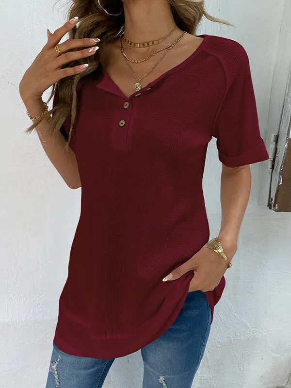 Buttoned Solid Color Split-Joint Loose Short Sleeves V-Neck T-Shirts Tops