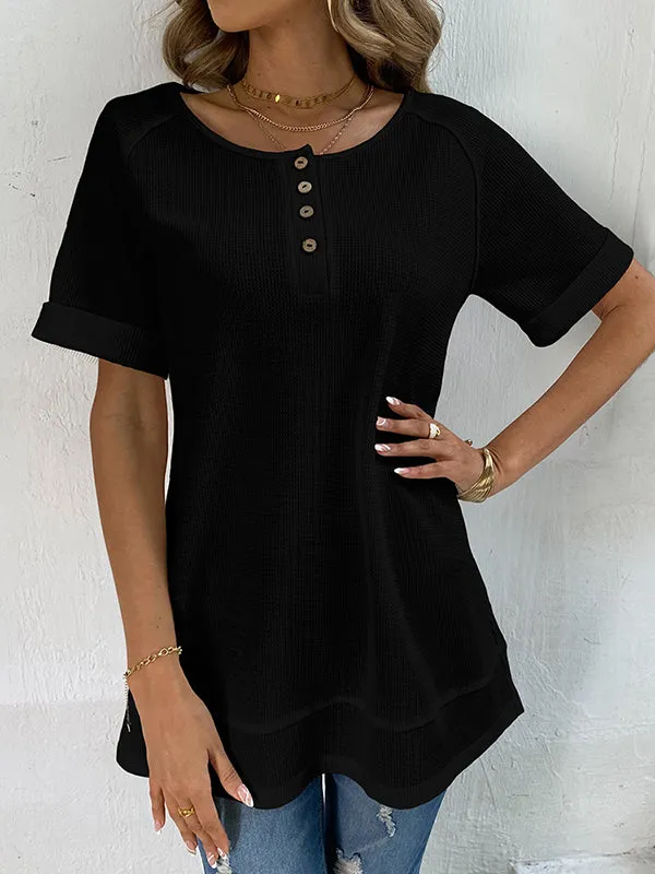 Buttoned Solid Color Split-Joint Loose Short Sleeves V-Neck T-Shirts Tops