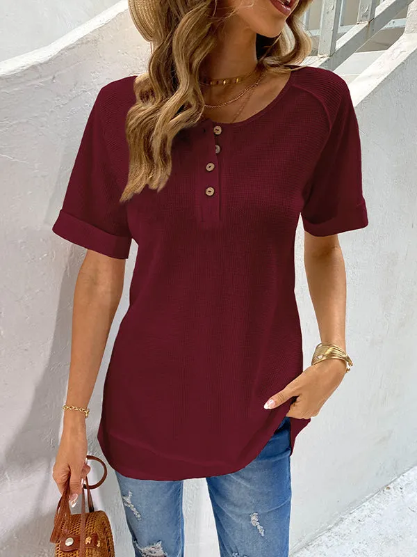 Buttoned Solid Color Split-Joint Loose Short Sleeves V-Neck T-Shirts Tops