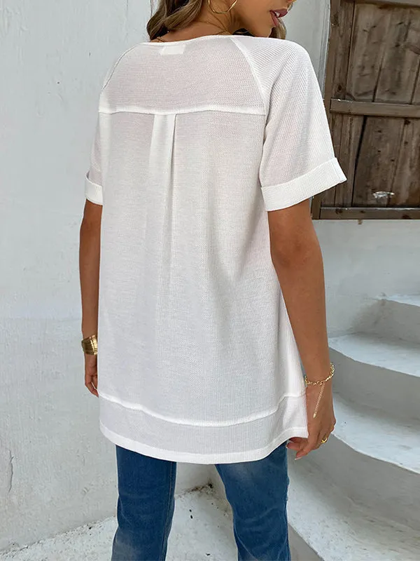 Buttoned Solid Color Split-Joint Loose Short Sleeves V-Neck T-Shirts Tops