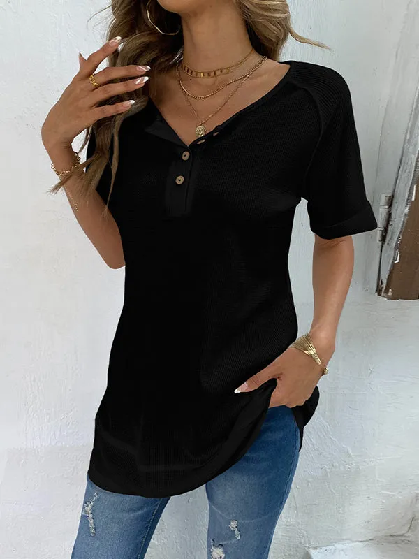 Buttoned Solid Color Split-Joint Loose Short Sleeves V-Neck T-Shirts Tops