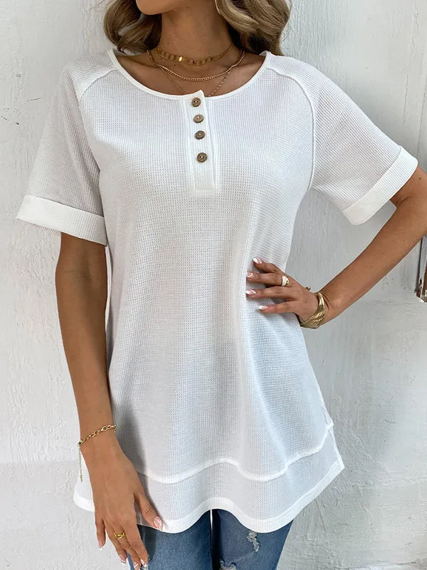 Buttoned Solid Color Split-Joint Loose Short Sleeves V-Neck T-Shirts Tops
