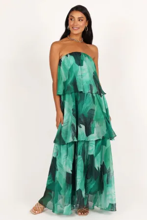Calista Green Bloom Strapless Tiered Maxi Dress