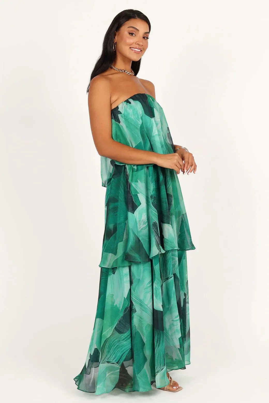 Calista Green Bloom Strapless Tiered Maxi Dress