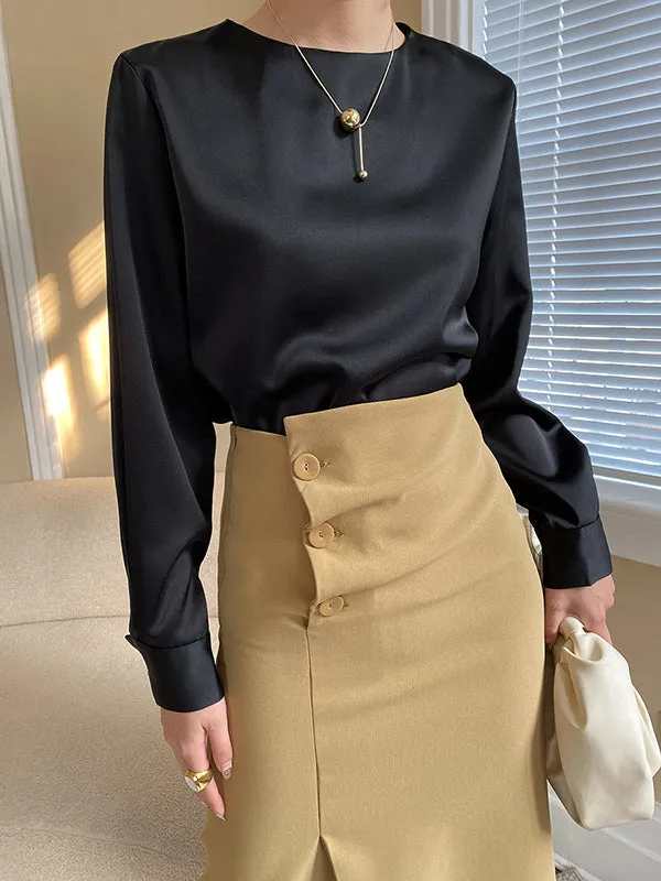 Casual Long Sleeves Loose Solid Color Round-Neck Blouses&Shirts Tops