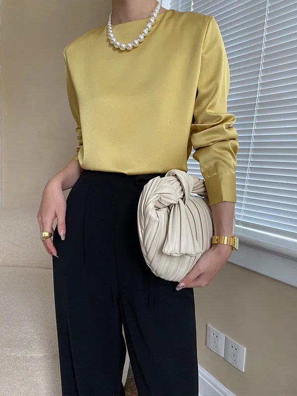 Casual Long Sleeves Loose Solid Color Round-Neck Blouses&Shirts Tops