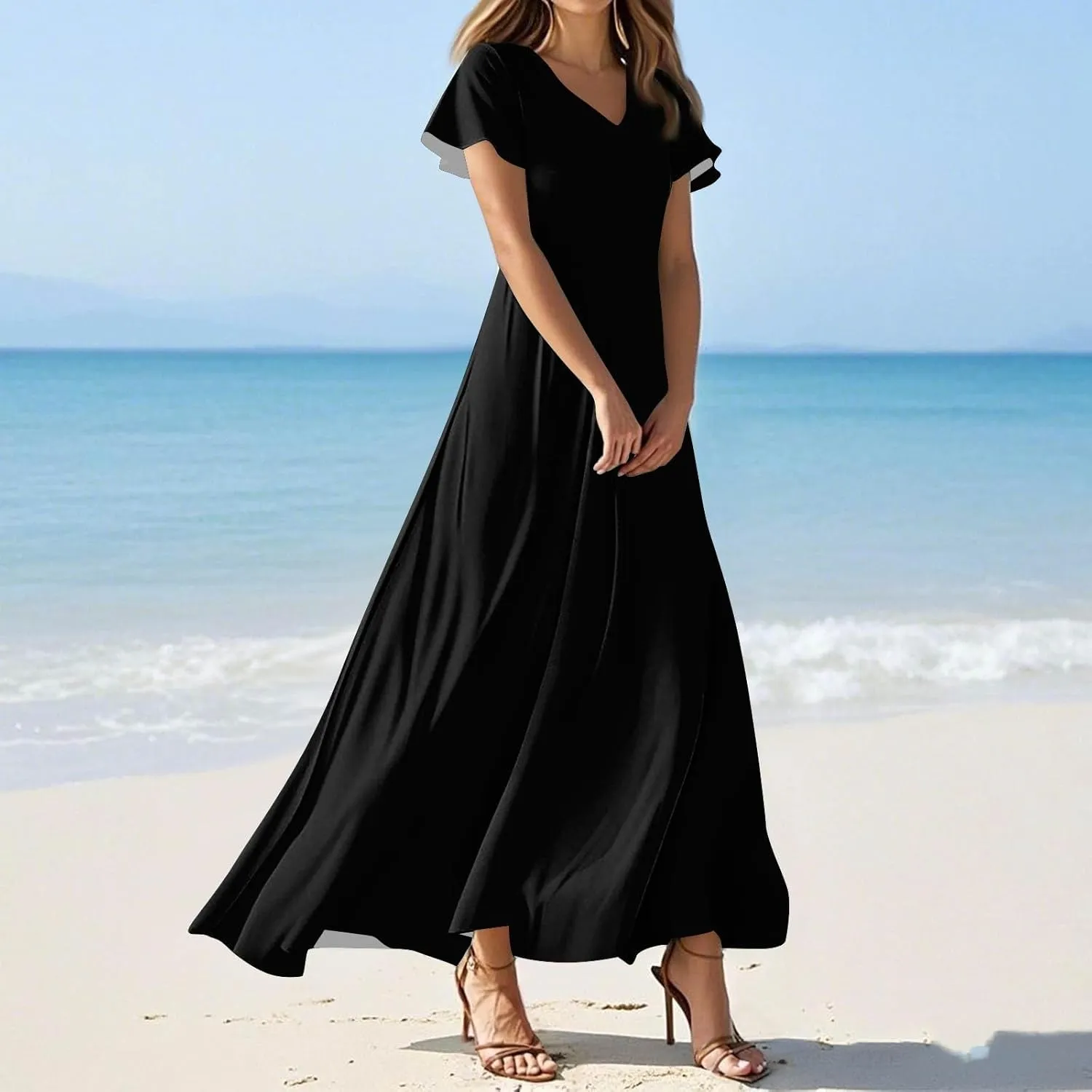 Chiffon Dresses for Women Swing Flowy Ruffle Hem Swing Womens Dresses Holiday Dress Summer Beach Casual Dresses