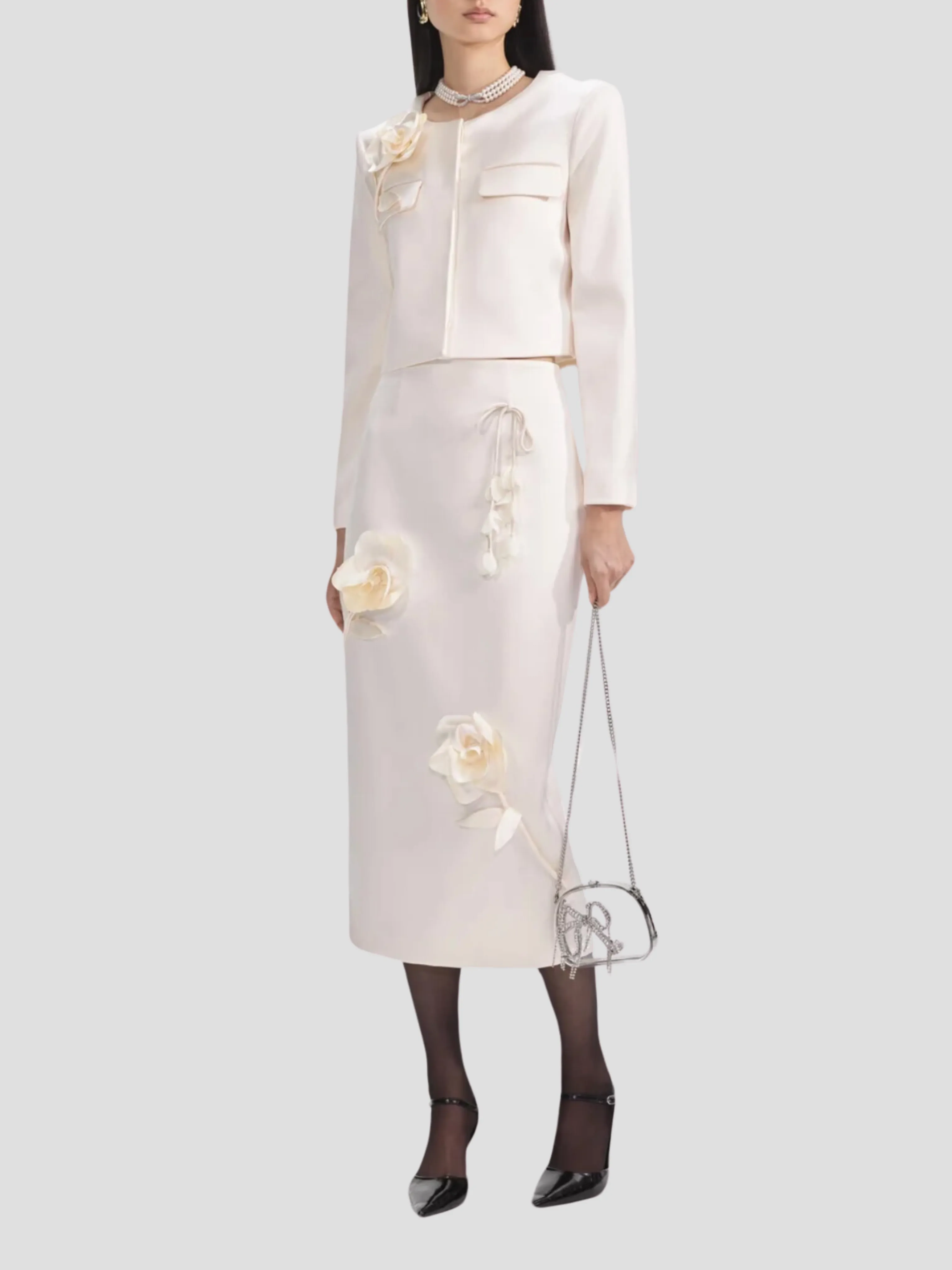 Cream 3D Flower Satin Midi Skirt