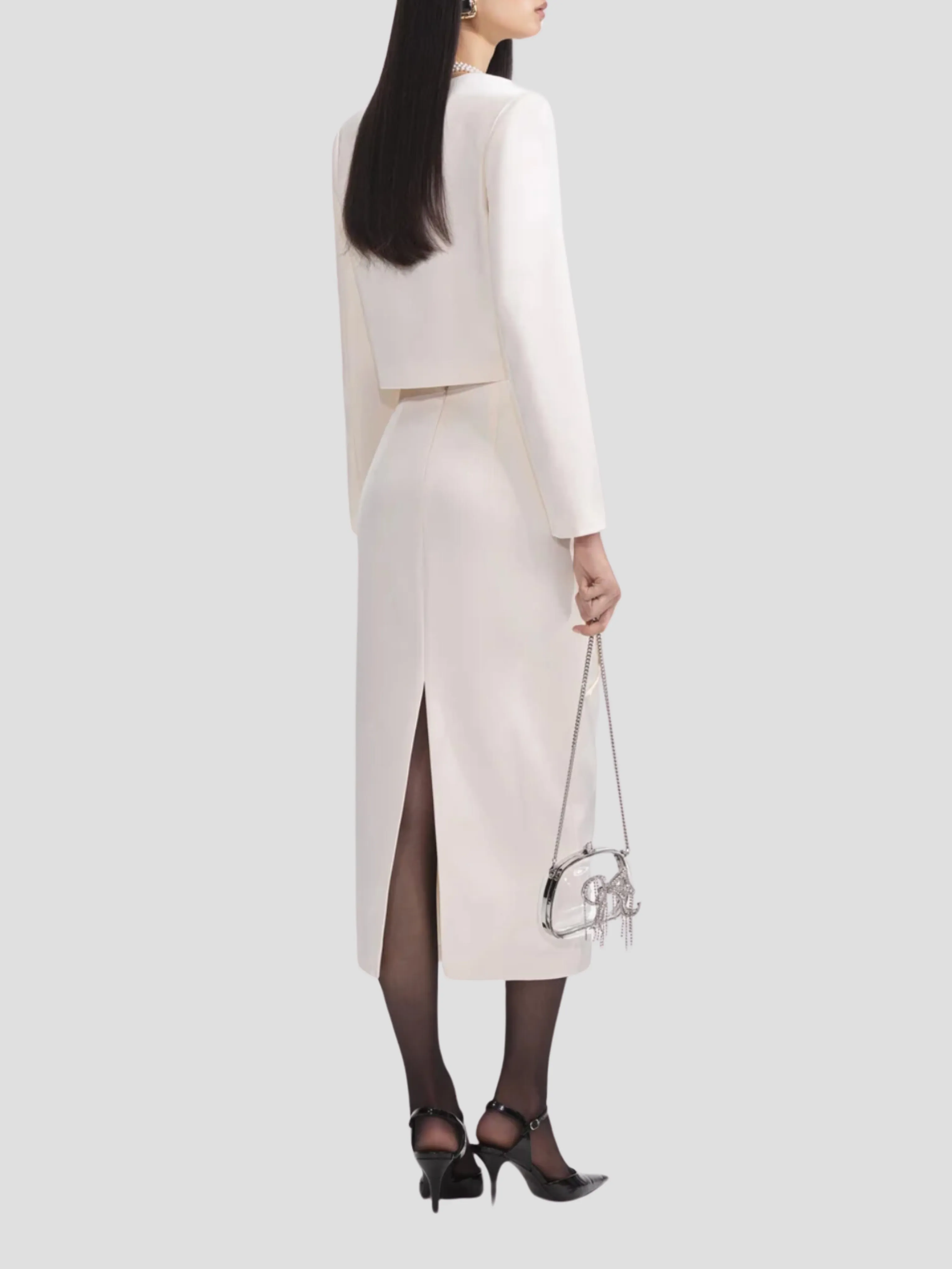 Cream 3D Flower Satin Midi Skirt