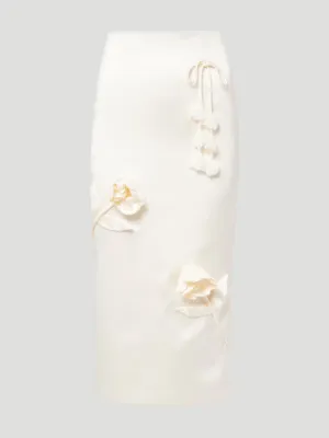 Cream 3D Flower Satin Midi Skirt
