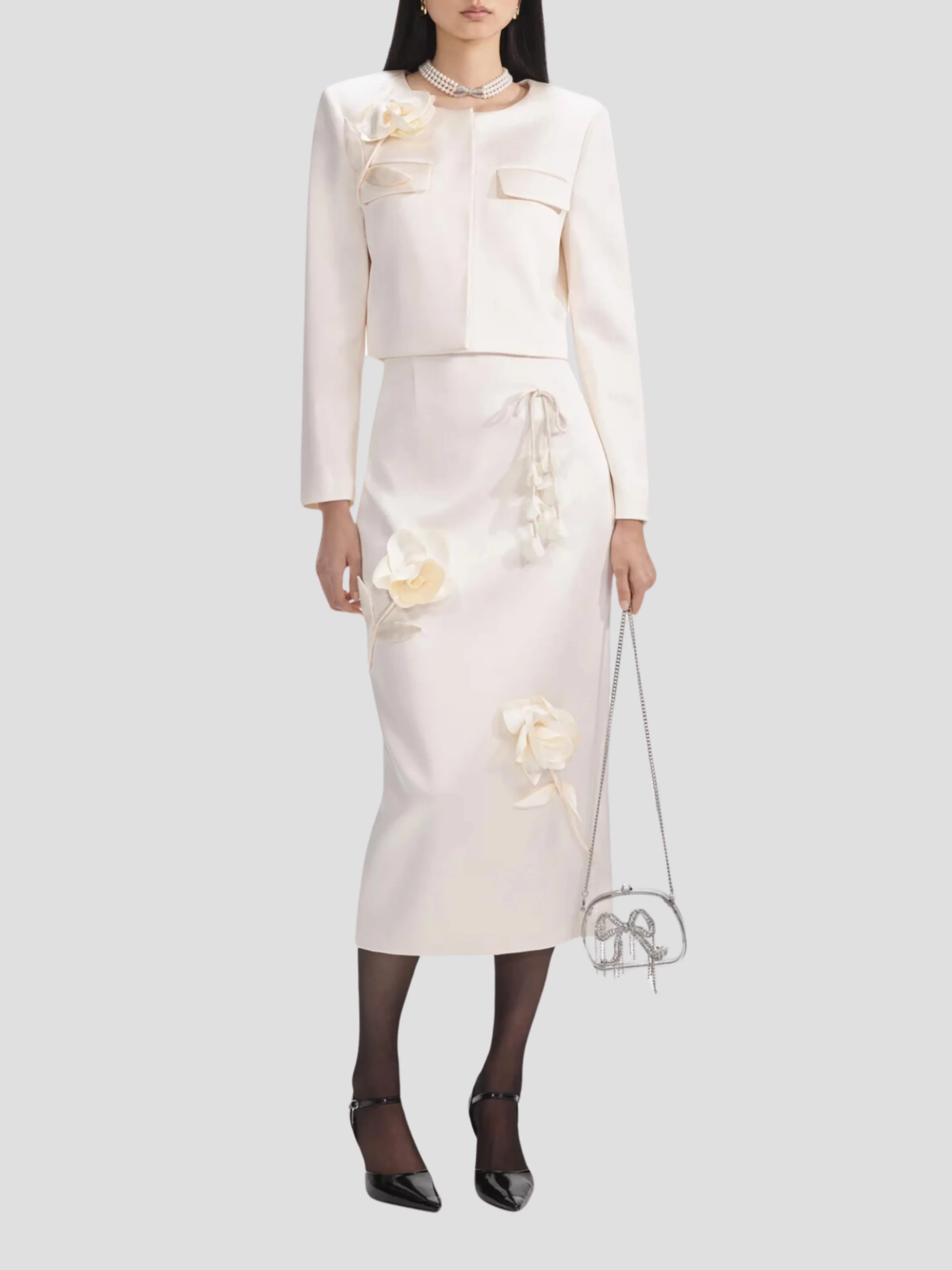 Cream 3D Flower Satin Midi Skirt
