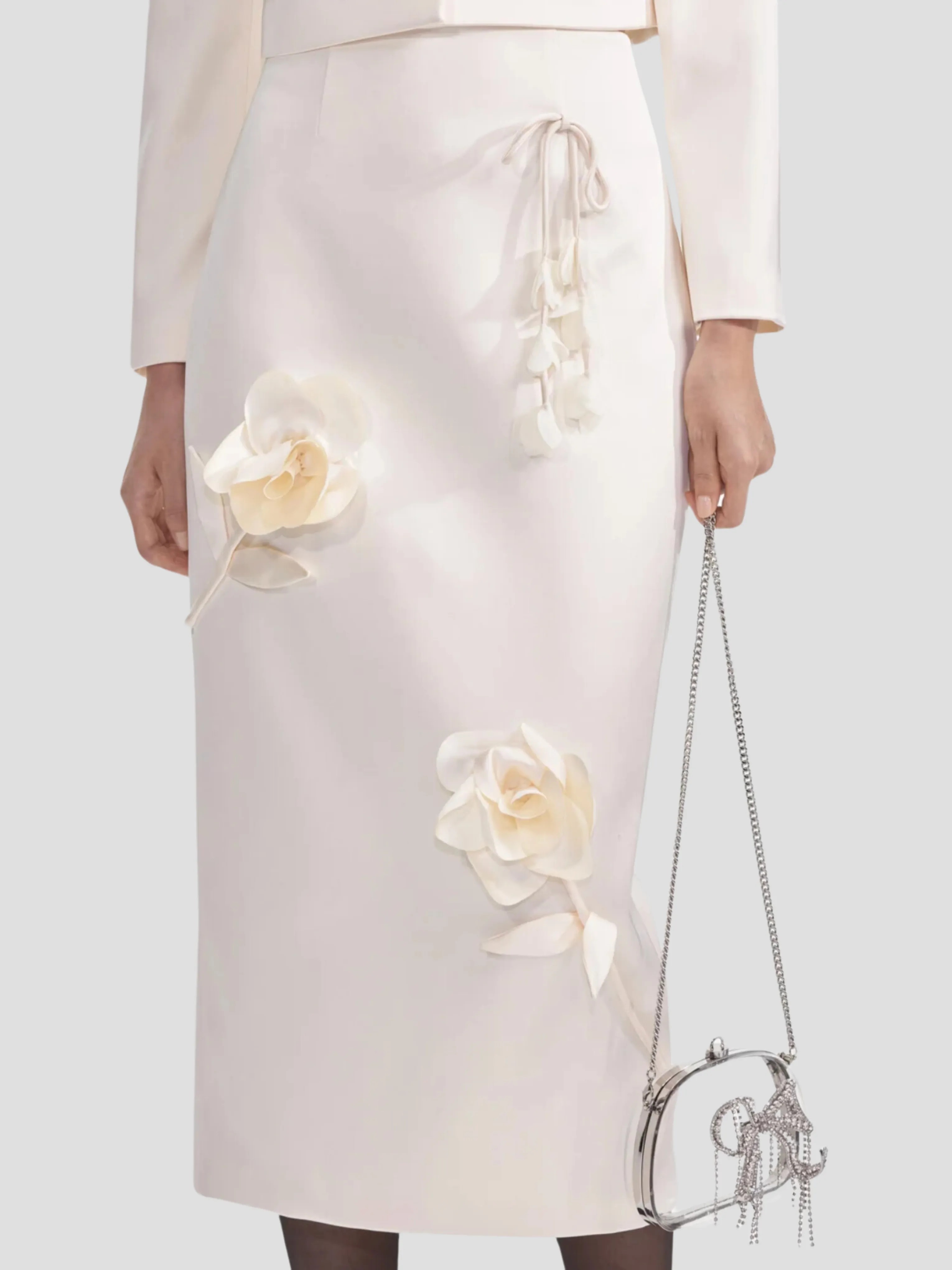 Cream 3D Flower Satin Midi Skirt