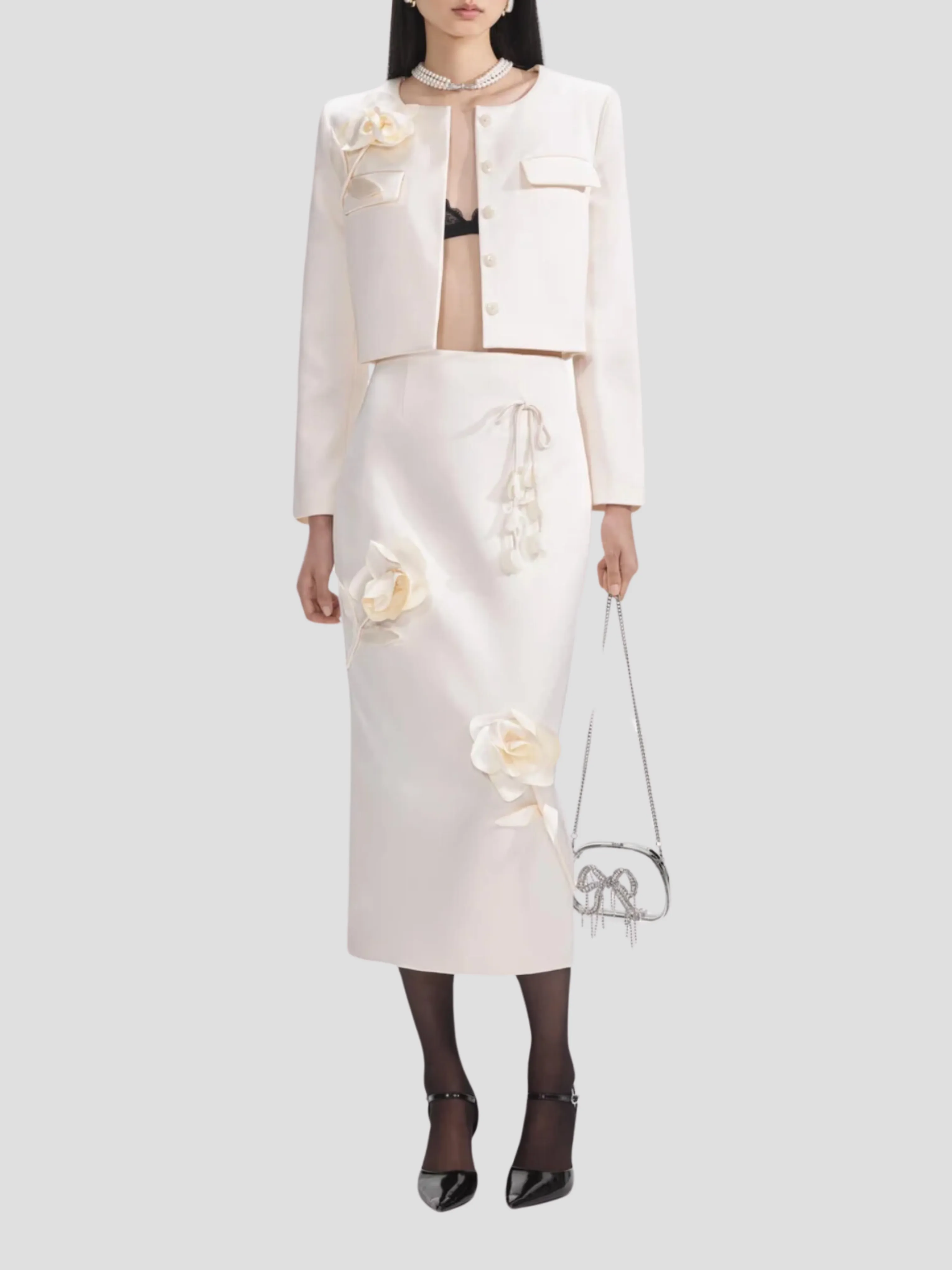 Cream 3D Flower Satin Midi Skirt