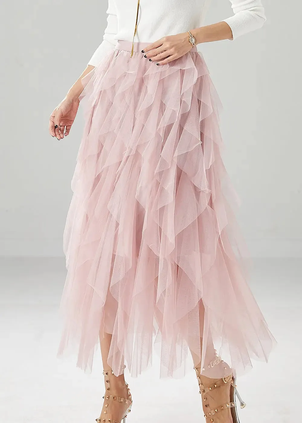 Elegant Pink High Waist Ruffles Tulle Skirt Summer ML1195