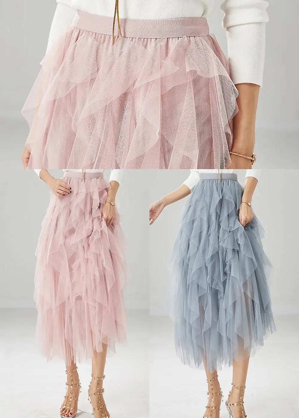 Elegant Pink High Waist Ruffles Tulle Skirt Summer ML1195