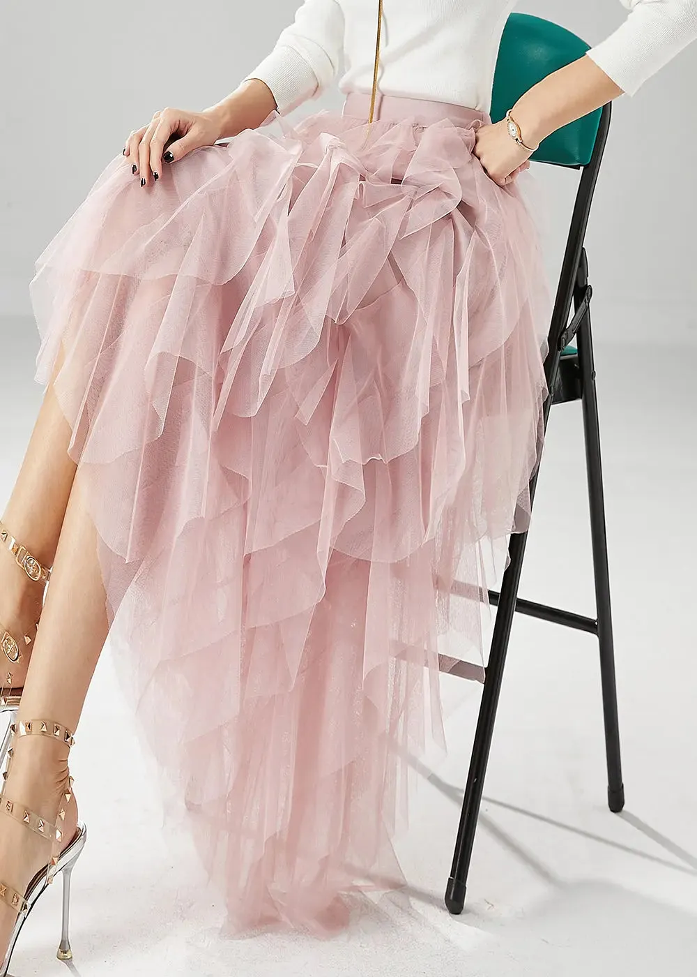 Elegant Pink High Waist Ruffles Tulle Skirt Summer ML1195