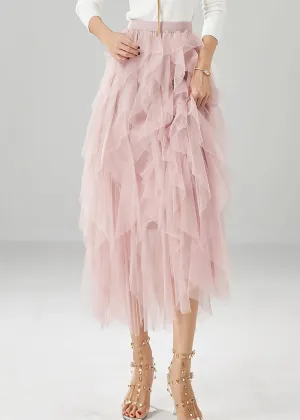 Elegant Pink High Waist Ruffles Tulle Skirt Summer ML1195