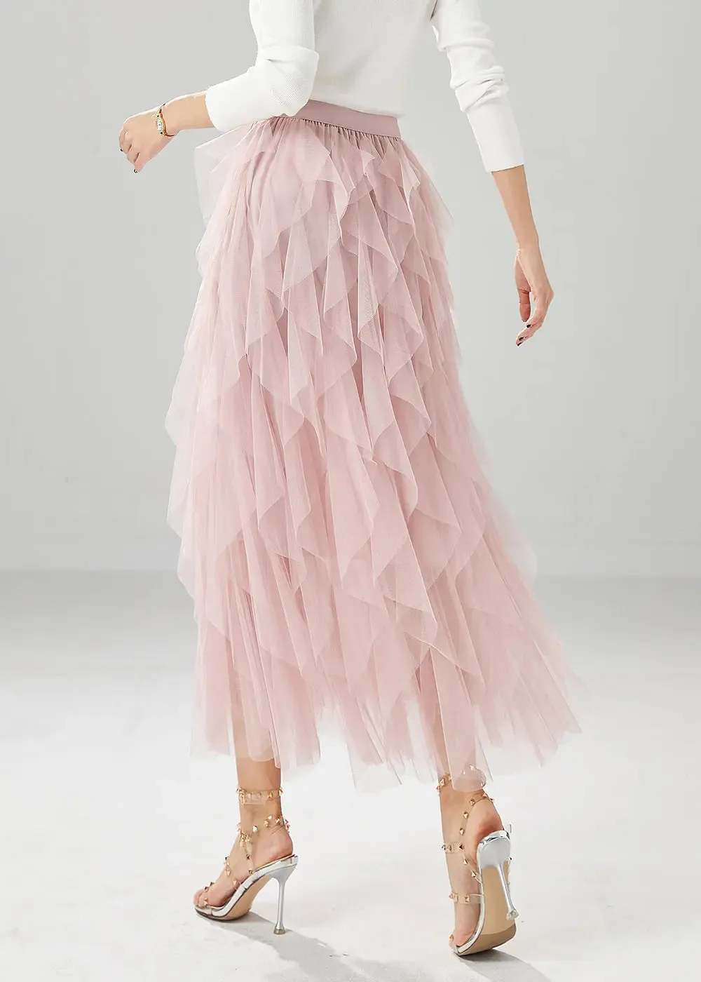Elegant Pink High Waist Ruffles Tulle Skirt Summer ML1195