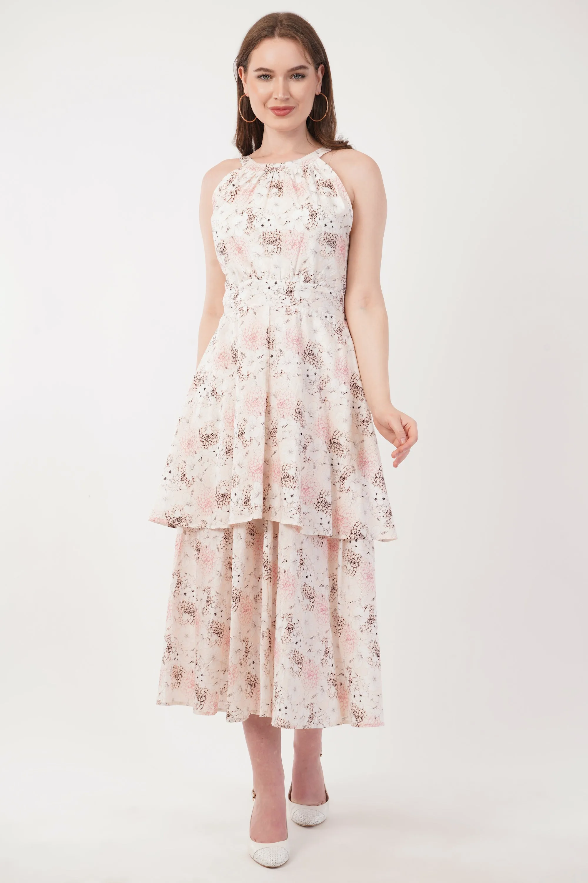 Evelyn Cotton Floral Bohemian Halter Neck  Midi Maxi Long Dress