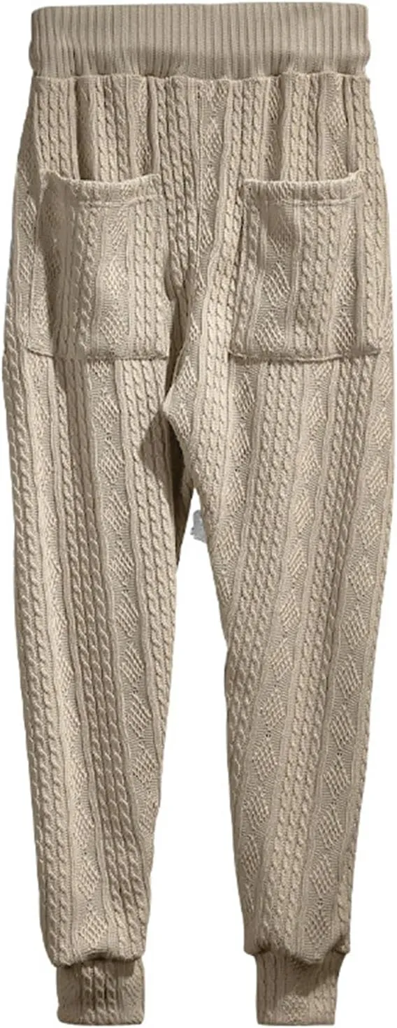 evzosrz Mens Casual Pants Jacquard Knitted Loose Joggers Relaxed Fit Trousers Elasticated Waist Drawstring Solid Sweatpants