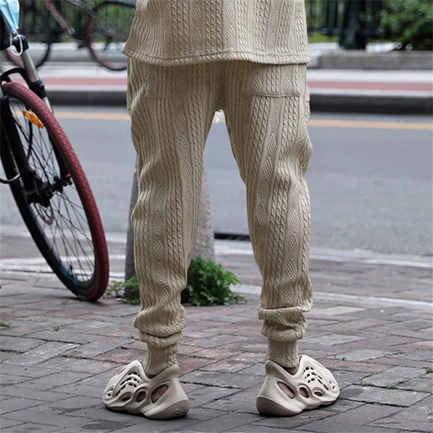 evzosrz Mens Casual Pants Jacquard Knitted Loose Joggers Relaxed Fit Trousers Elasticated Waist Drawstring Solid Sweatpants
