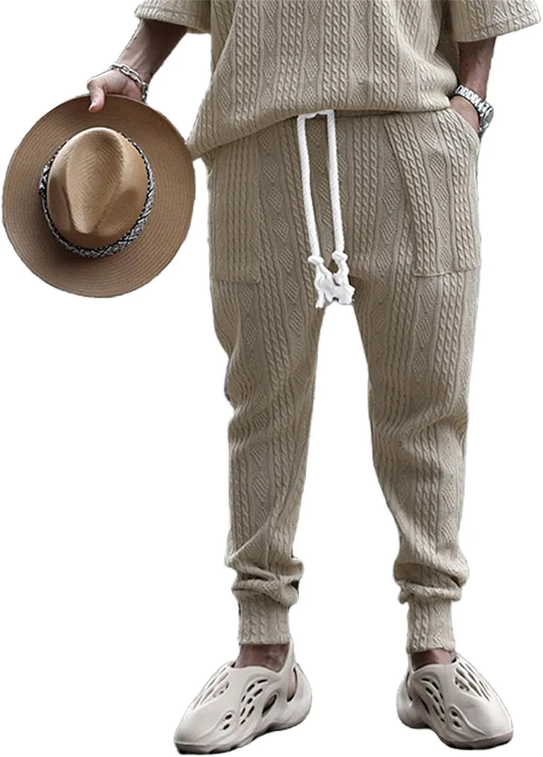 evzosrz Mens Casual Pants Jacquard Knitted Loose Joggers Relaxed Fit Trousers Elasticated Waist Drawstring Solid Sweatpants