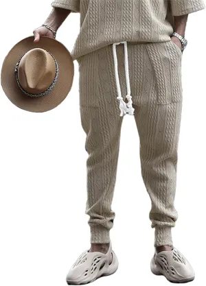 evzosrz Mens Casual Pants Jacquard Knitted Loose Joggers Relaxed Fit Trousers Elasticated Waist Drawstring Solid Sweatpants