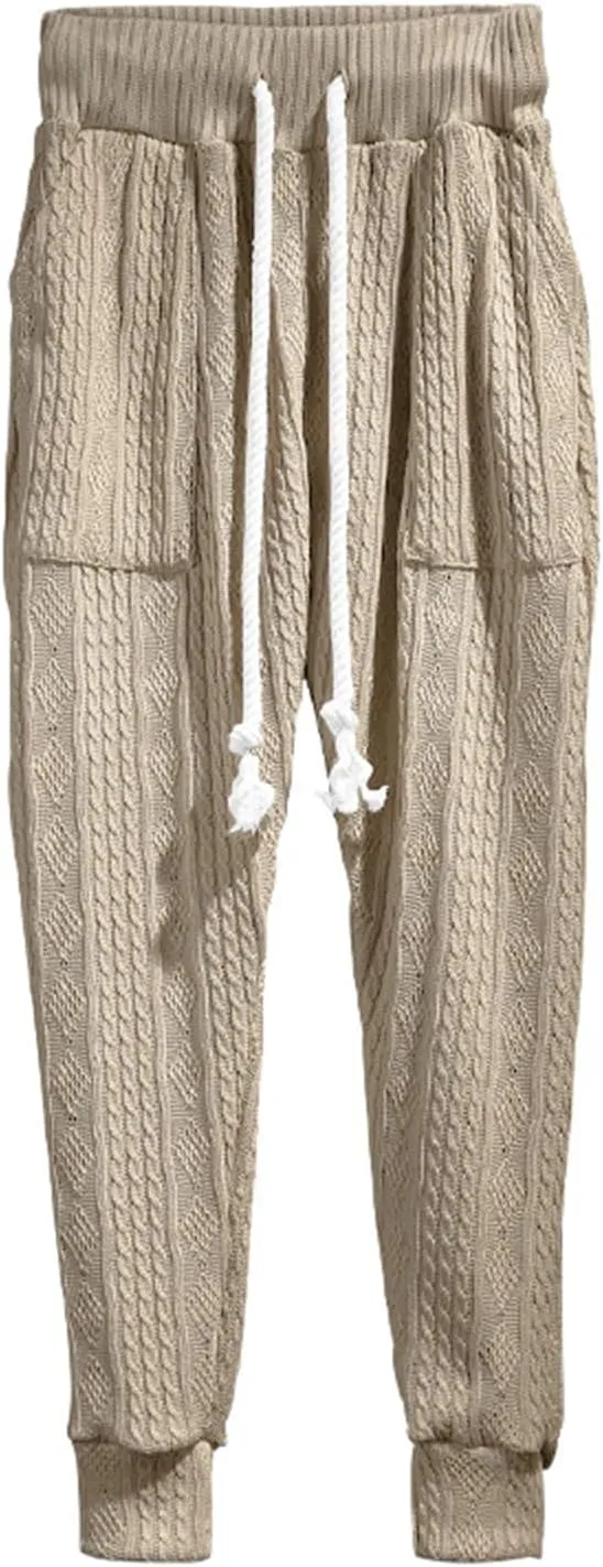 evzosrz Mens Casual Pants Jacquard Knitted Loose Joggers Relaxed Fit Trousers Elasticated Waist Drawstring Solid Sweatpants