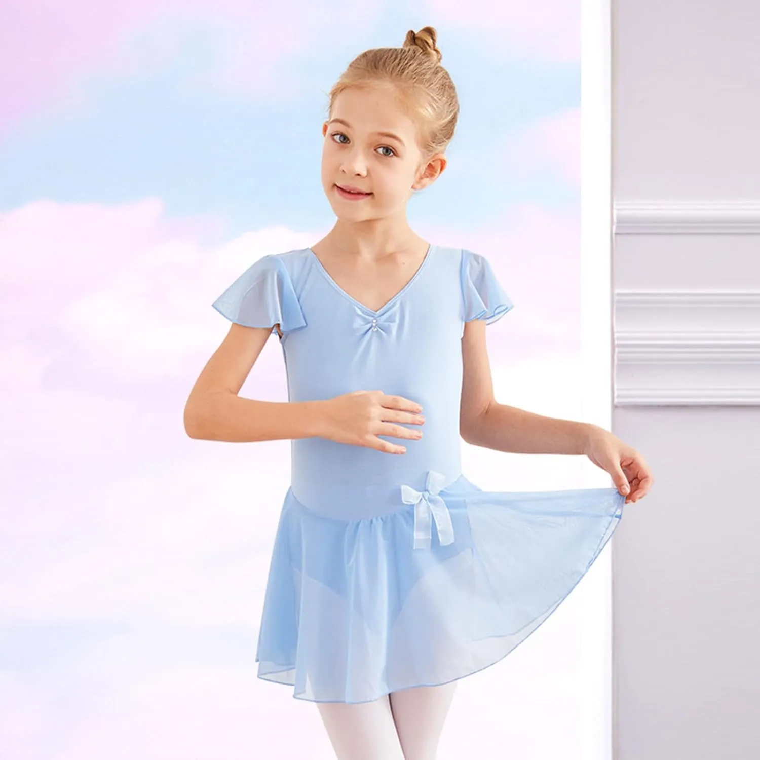 Girls Ballet Dress 2025 Trendy Mesh Dancewear Summer Cap Sleeve V Neck Mini Dress Solid Color A-Line Swing Dresses
