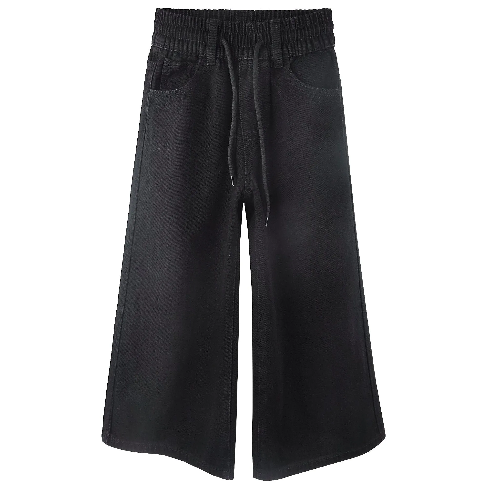 Girls Wide-leg Denim Pants, 5-14T Loose Elastic Waist with String Flared Jeans Bottoms