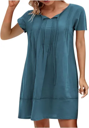 hlysgo Beach Dresses for Women 2025 Vacation Short Sleeve V Neck Mini Dress Summer Loose Comfy Cotton Linen Pleated Dress