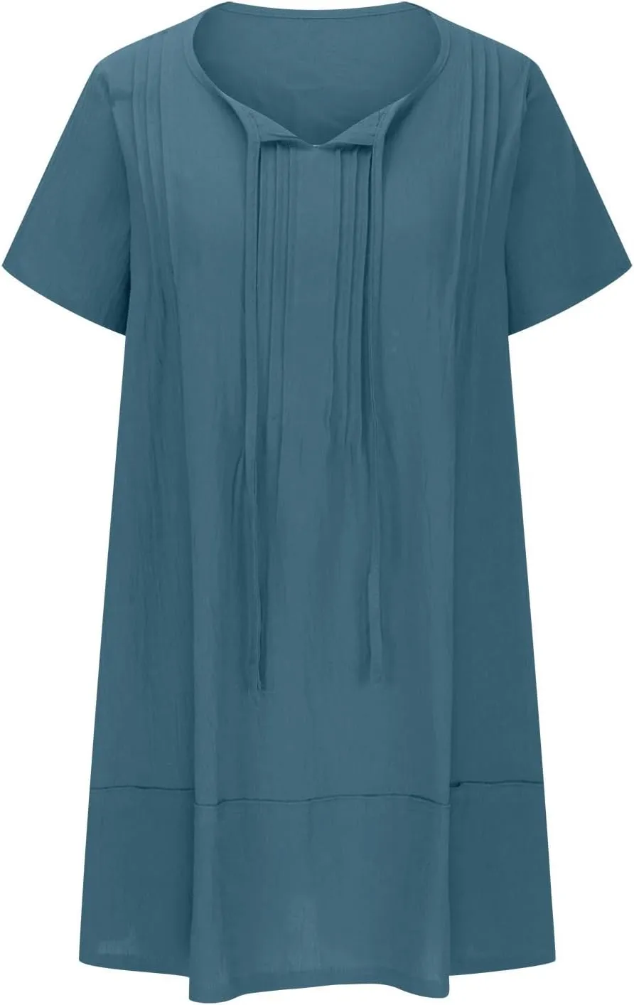hlysgo Beach Dresses for Women 2025 Vacation Short Sleeve V Neck Mini Dress Summer Loose Comfy Cotton Linen Pleated Dress